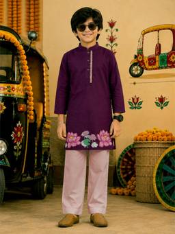 KiddoPanti - Wine Printed Rayon Regular Kurta and Pyjama