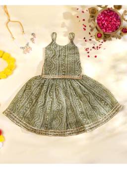 Little Panda - Olive Printed Kota Regular Kurta and Skirt