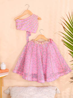 Little Panda - Pink Floral Kota Regular Blouse and Lehenga