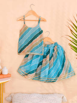 Little Panda - Blue Printed Kota Regular Kurta and Lehenga