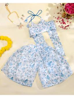 Little Panda - Blue Floral Kota Regular Blouse and Palazzo