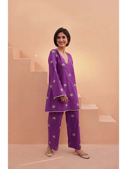 Gulabo Jaipur - Purple Floral V-Neck Kurta with Pant