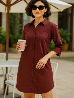 Hancock - Women Maroon Solid Shirt Style Dress
