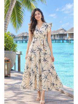 Cloth Bites - Women Cream Floral Printed Dress with Belt