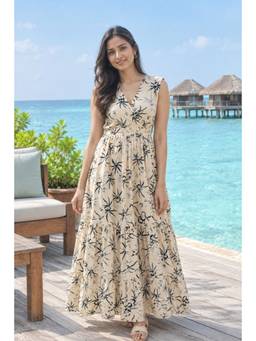 Cloth Bites - Women Beige Floral Printed Dress with Belt