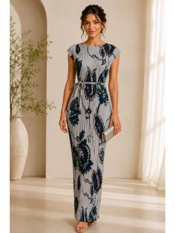 BONICA CLOTHING - Women Grey Floral Printed Dress with Belt