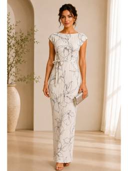 BONICA CLOTHING - Women Off White Floral Printed Dress with Belt