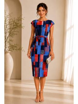 BONICA CLOTHING - Women Multi-Color Geometric Printed Dress with Belt