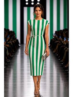 BONICA CLOTHING - Women Green Stripes Dress with Belt