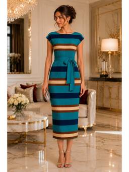 BONICA CLOTHING - Women Blue Stripes Dress with Belt