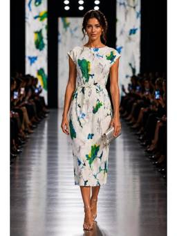 BONICA CLOTHING - Women Off White Abstract Printed Dress with Belt