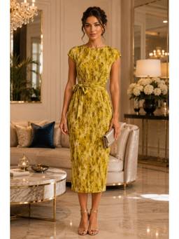BONICA CLOTHING - Women Mustard Floral Printed Dress with Belt