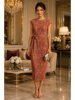 BONICA CLOTHING - Women Rust Floral Printed Dress with Belt