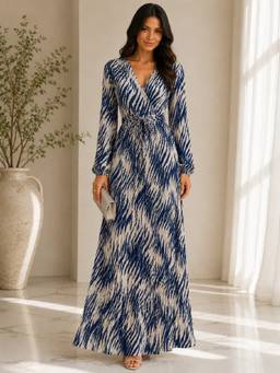 BONICA CLOTHING - Women Navy Blue Abstract Printed Dress with Belt
