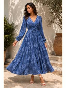 BONICA CLOTHING - Women Blue Printed Dress with Belt