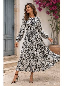 BONICA CLOTHING - Women White Abstract Printed Dress with Belt