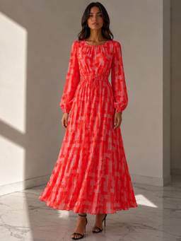 BONICA CLOTHING - Women Red Printed Dress with Belt
