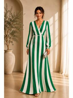 BONICA CLOTHING - Women Green Stripes Dress with Belt