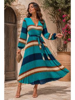 BONICA CLOTHING - Women Blue Stripes Dress with Belt
