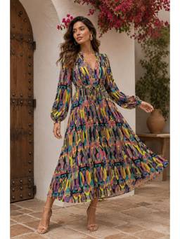 BONICA CLOTHING - Women Multi-Color Printed Dress with Belt