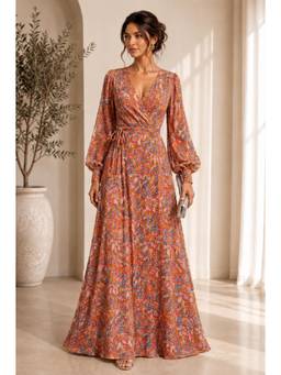 BONICA CLOTHING - Women Rust Floral Printed Dress with Belt
