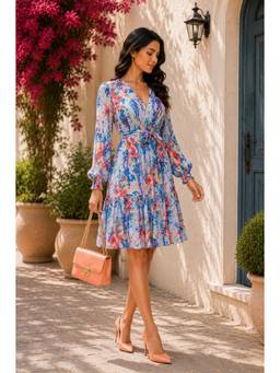 BONICA CLOTHING - Women Blue Printed Dress with Belt