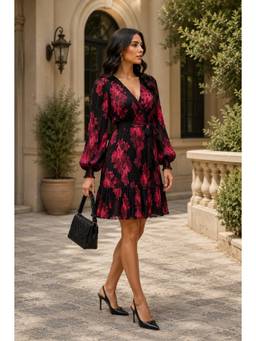 BONICA CLOTHING - Women Pink Floral Printed Dress with Belt