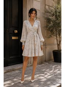 BONICA CLOTHING - Women Off White Printed Dress with Belt