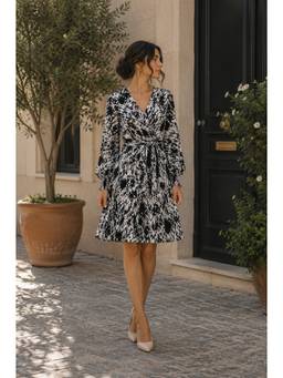BONICA CLOTHING - Women Black-White Abstract Printed Dress with Belt