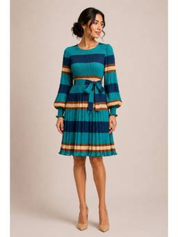 BONICA CLOTHING - Women Blue Stripes Dress with Belt