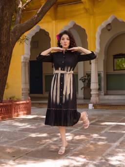 ZUMMER - Women Black Tie-Dye Dress with Belt
