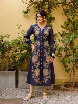 ZUMMER - Women Navy Blue Embroidered Dress