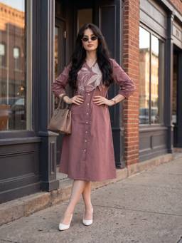 ZUMMER - Women Mauve Embroidered Shirt Style Dress