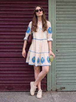 ZUMMER - Women Cream Embroidered Dress