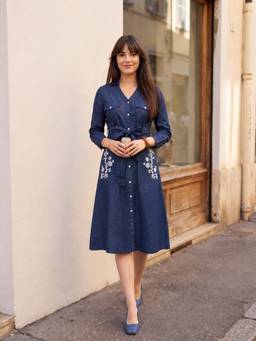ZUMMER - Women Navy Blue Embroidered Dress with Belt