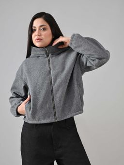 KELIN - Light Grey Drill Felt Crop Oversized Bomber Jacket - Light Grey