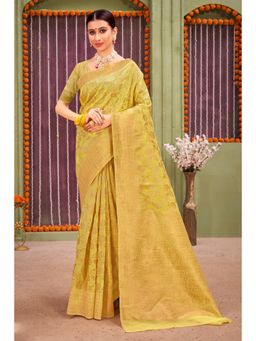 Sangam Prints - Yellow Linen Woven Zari Work Traditional Saree with Unstitched Blouse