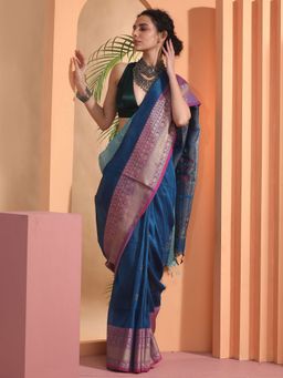 Beatitude - Teal Woven Linen Saree with Unstitched Blouse