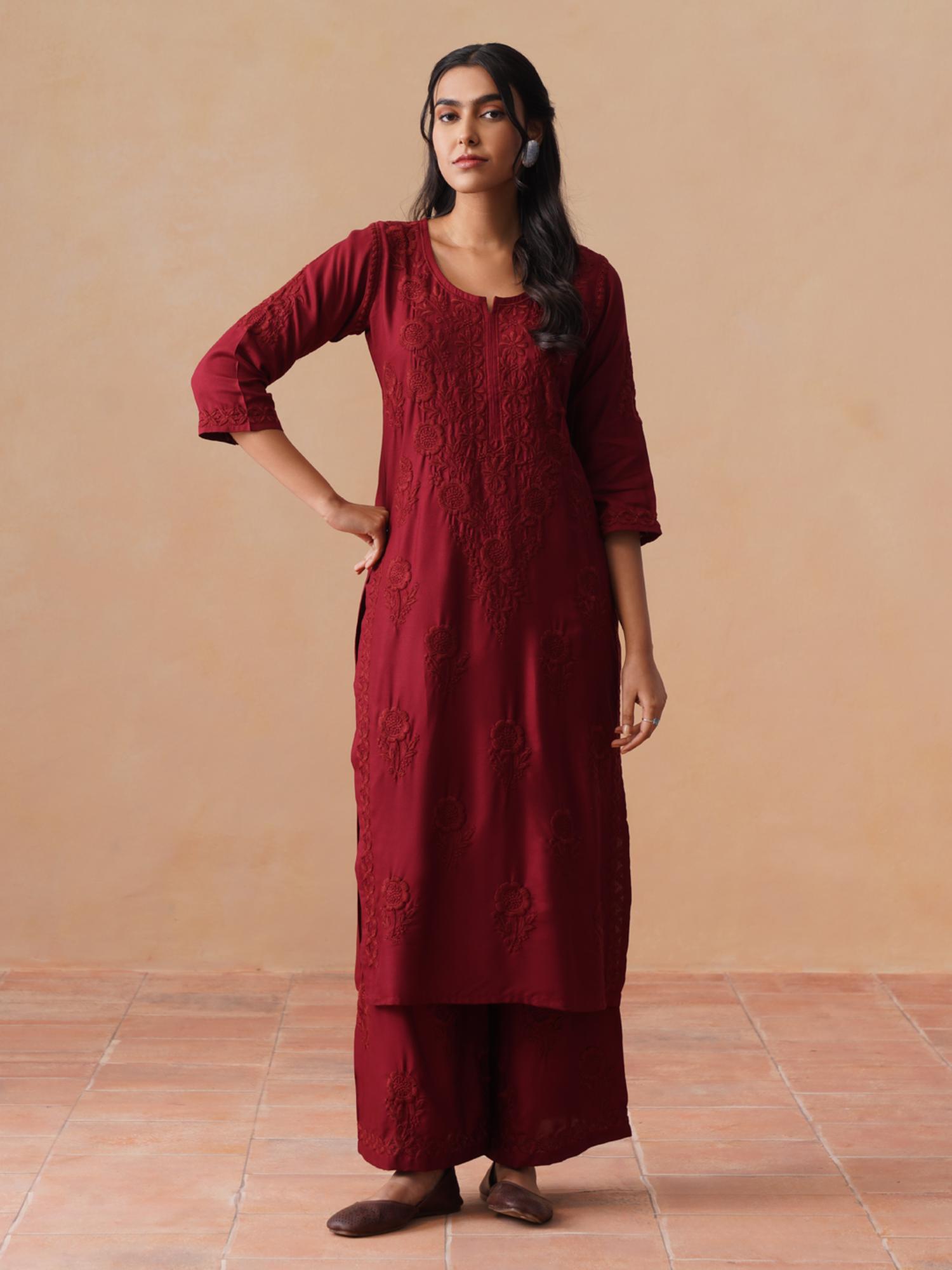 sazrika Maroon Chikankari Embroidered Comfortable Kurta With Palazzo-picture-19