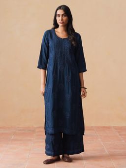 Sazrika - Navy Blue Chikankari Embroidered Comfortable Kurta With Palazzo