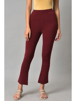 W - Maroon Solid Knitted Flared Pants