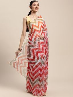 Vastranand - Multi Colour Lehriya Organza Party Wear Saree With Resham Work with Unstitched Blouse