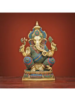 Ekaa Handicrafts - Lord Ganesha Statue for Temple Pooja Ganesha Idol Brass with Stonework