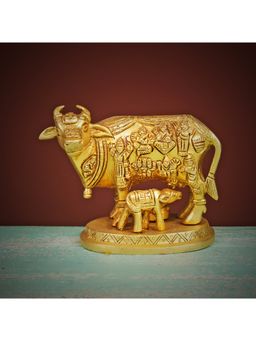 Ekaa Handicrafts - Brass Cow and Calf Idol Figurine Home Decor Kamdhenu Showpiece