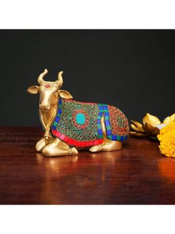 Ekaa Handicrafts - Brass Nandi Statue with Stonework