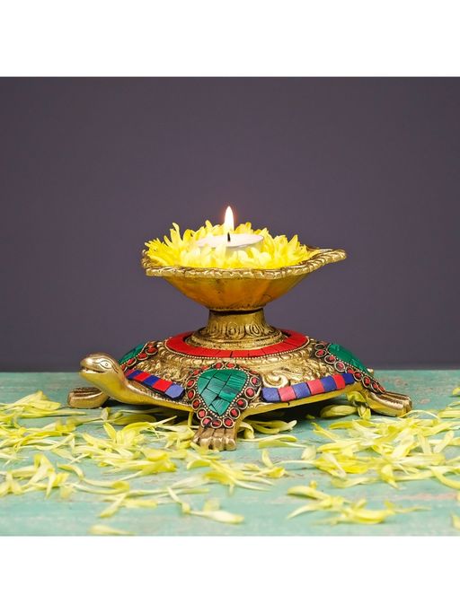Ekaa Handicrafts Brass Tortoise Oil Diya with Stonework