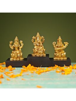 Ekaa Handicrafts - Brass Lord Ganesh Devi Laxmi Devi Saraswati on Wooden Base