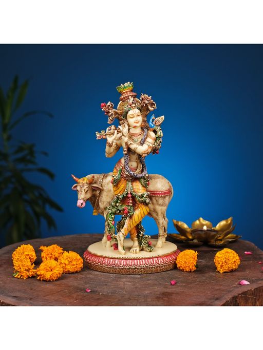 Ekaa Handicrafts Krishna Statue with Cow in Marble Dust