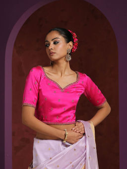 WeaverStory - Hot Pink Raw Silk Hand Embroidered Zardozi Blouse