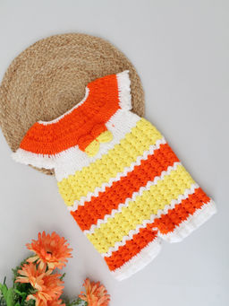 Woonie - Orange Striped Pattern Detailed Crochet Romper